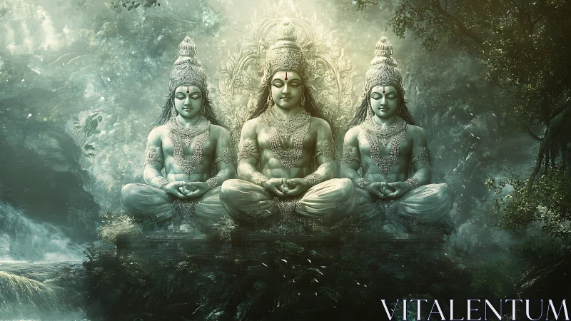 Sacred trio in misty forest temple of quiet morning light.