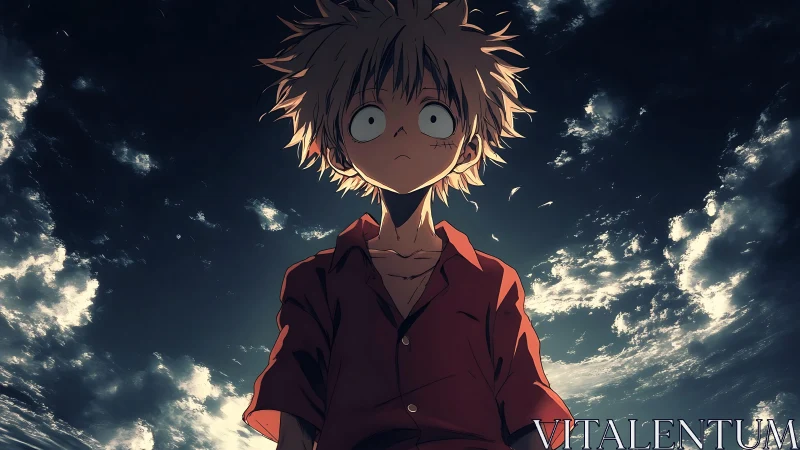 Wide-eyed dusk wanderer under storm-streaked heavens.