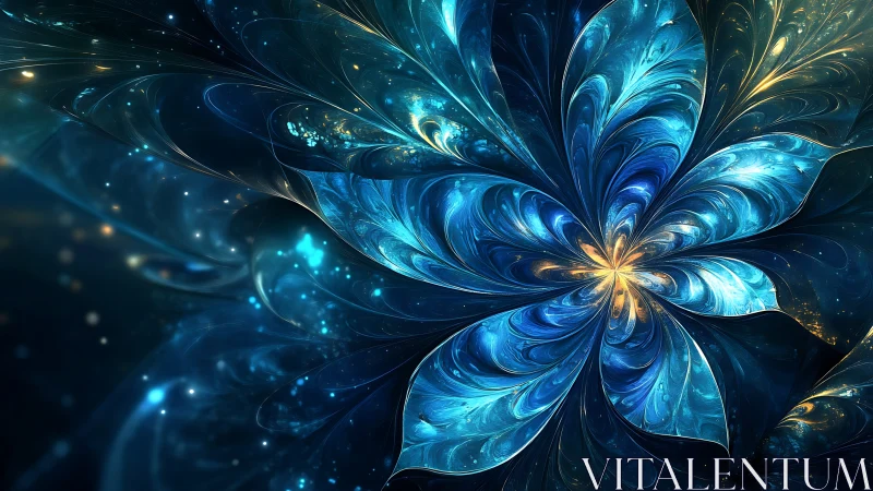 Radial fractal flower with luminous blue petals and nebular glow