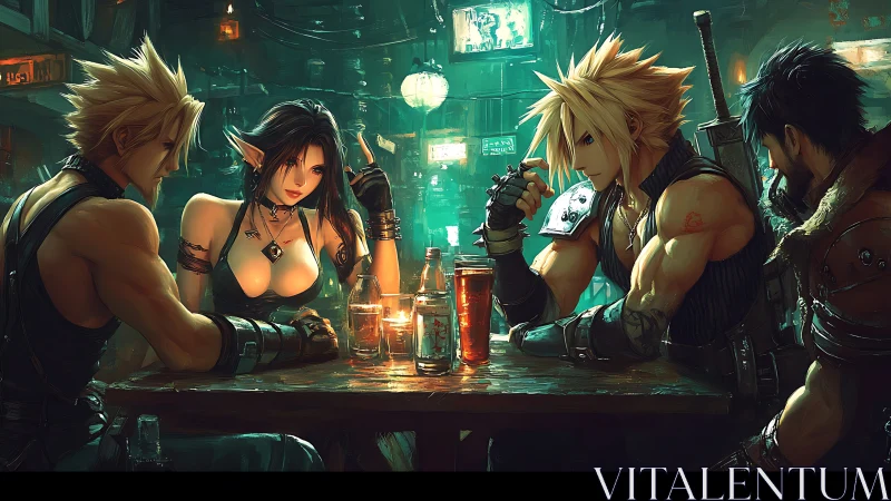 Candlelit tavern gathering unites four cyber fantasy heroes