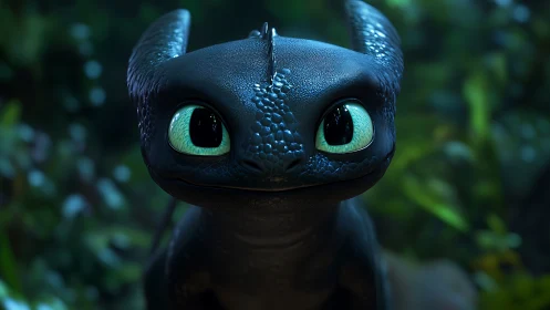 Curious baby dragon with bright teal eyes in soft forest glow.