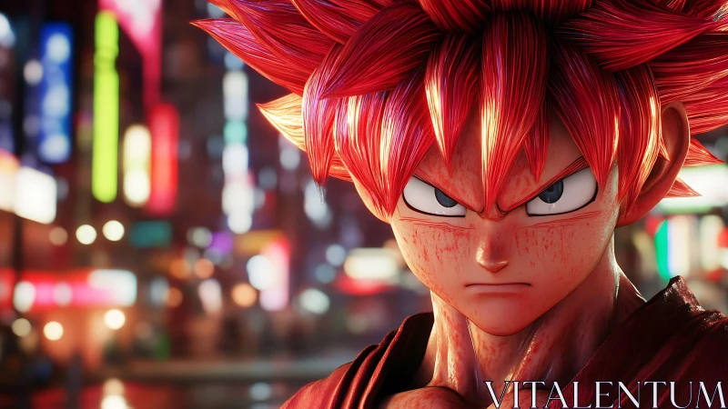 Red haired anime warrior rendered in neon city closeup.