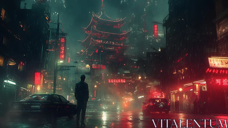 Lone figure crosses neon drenched cyberpunk street in rain