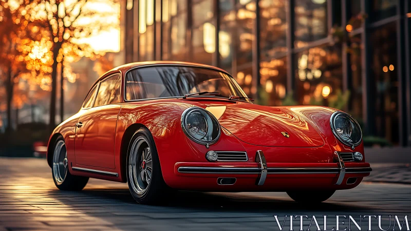 Scarlet classic Porsche glows against fiery glass city dusk.