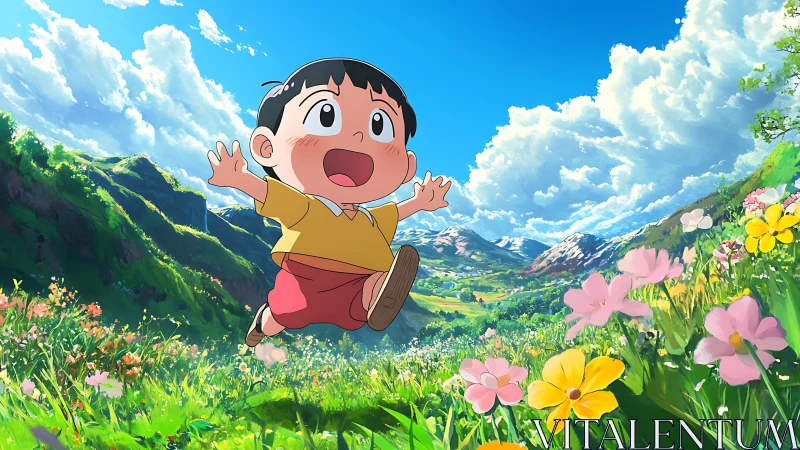 Joyful anime boy runs through a bright alpine flower meadow