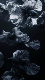 Monochrome betta fish with flowing fins in dark water.