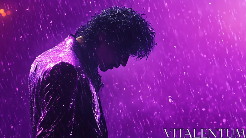 Silhouetted singer bows in neon purple rainlit spotlight