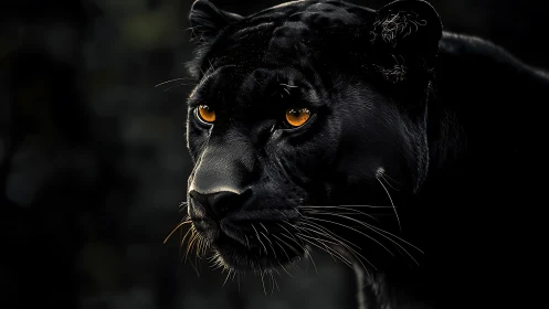 Black Panther with Striking Amber Eyes in Darkness.