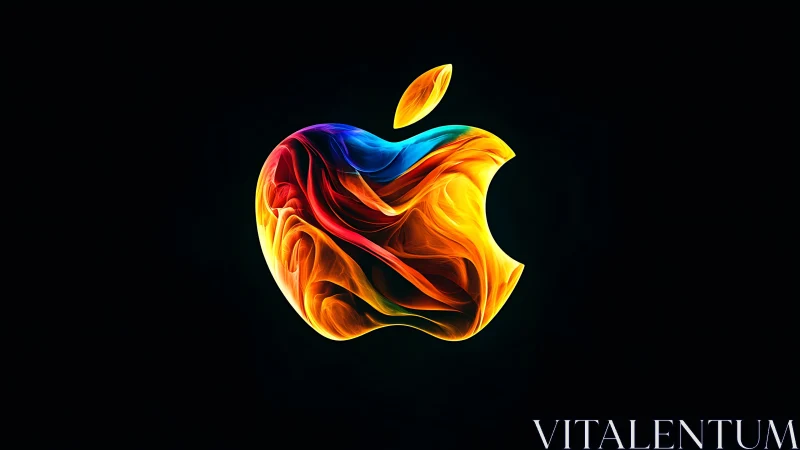 Multicolor fluid-light apple emblem on deep black background.