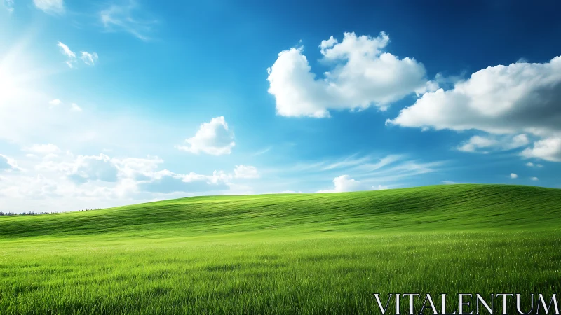 Sunlit green hills roll under a vast, tranquil blue sky