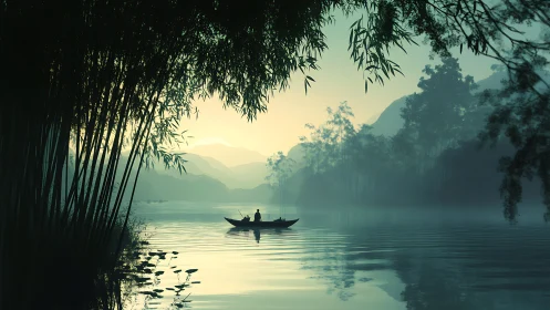 Misty river fisherman beneath arching bamboo at sunrise.