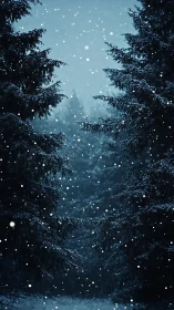 Snowfall over dense conifer forest in low blue light.