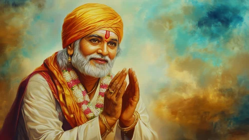 Devotional Indian elder in folded hands pose, warm aura