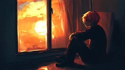 Digital painting of pensive youth by blazing sunset window.