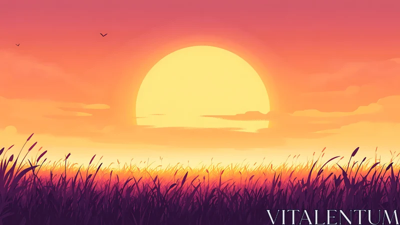 Sun giant sinking beyond whispering twilight grasslands.