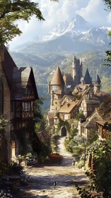 Sunlit medieval village street below soaring alpine peaks.