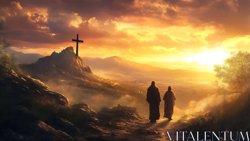 Two robed figures walk toward distant hilltop cross at dawn.