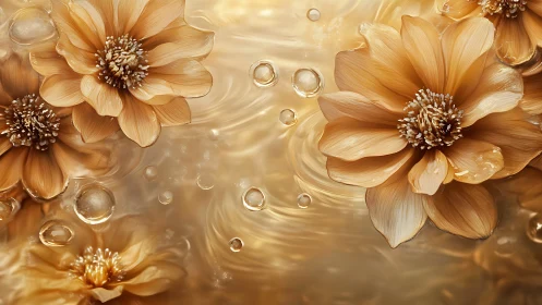 Golden Flowers Floating on Liquid Surface with Water Droplets.