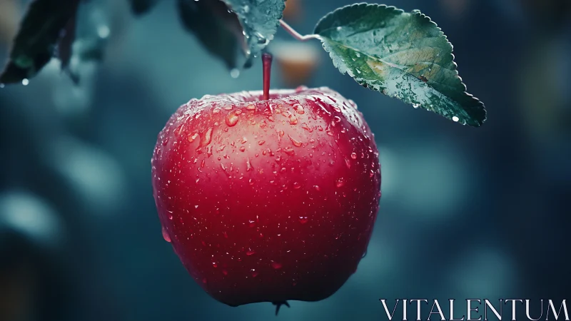 Red apple with surface water droplets hangs from tree branch