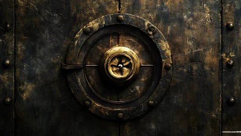 Aged metallic vault door shows worn circular locking wheel.