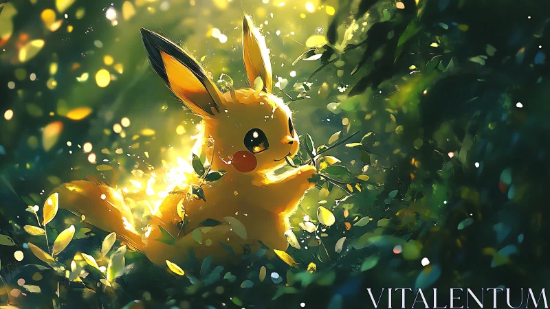 Pikachu glows in a sunlit forest clearing at golden hour.