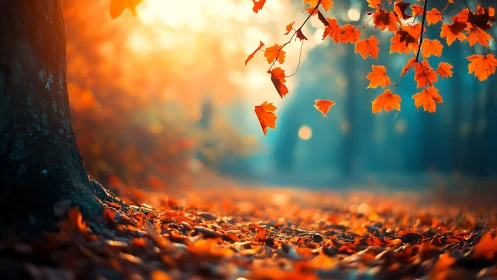 Crimson leaves drift like whispered embers through soft light