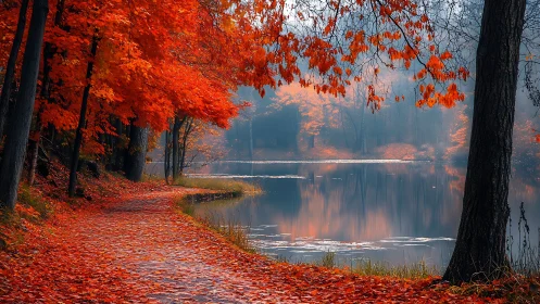 Crimson autumn lakeside path under misty reflective canopy.