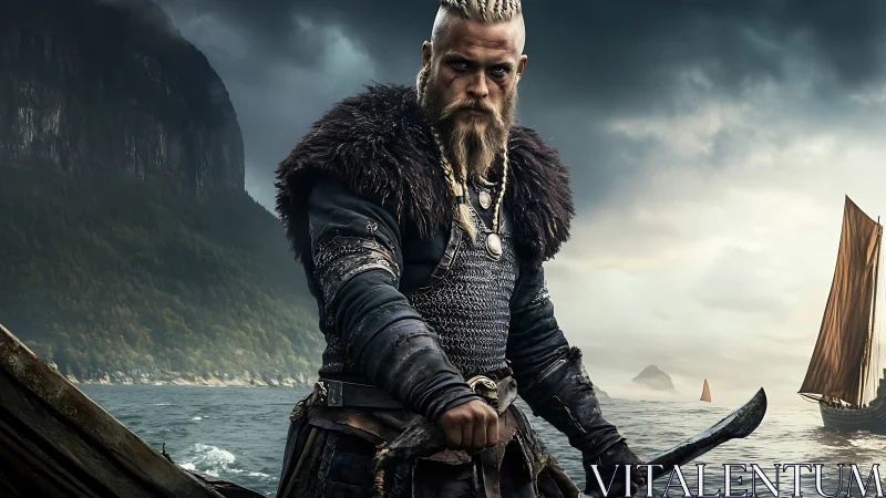 Bearded nordic warrior on longship in coastal waters.