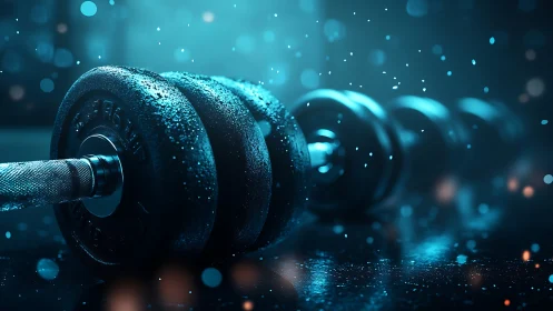 Gleaming dumbbell rests on wet gym floor in blue light.