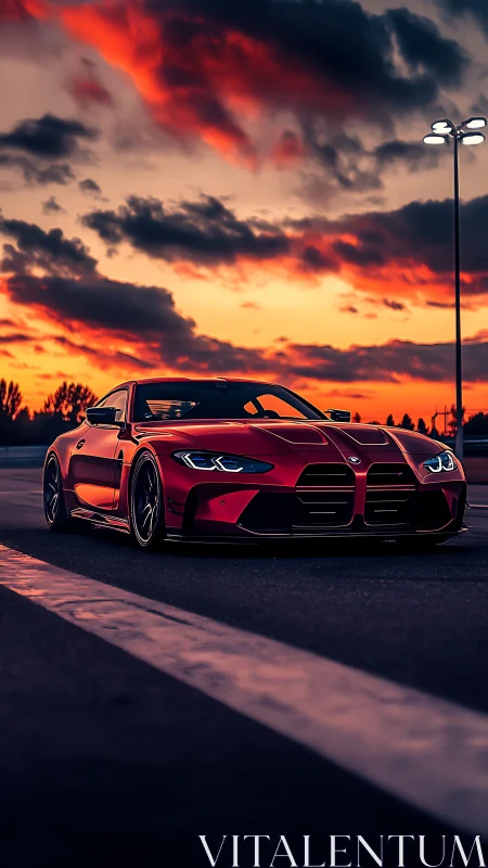 Red performance coupe sits on asphalt under vivid sunset sky