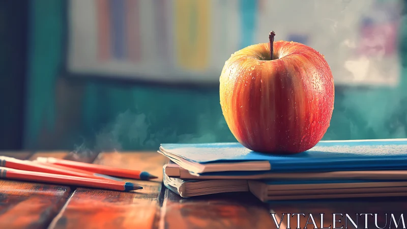 Red apple rests on stacked notebooks on a wooden desk