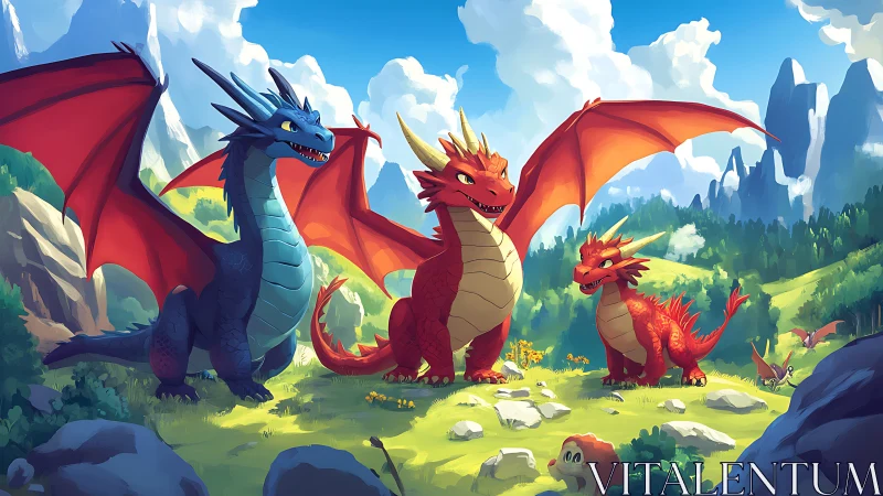 Dragon family stands over sunny valley with distant peaks