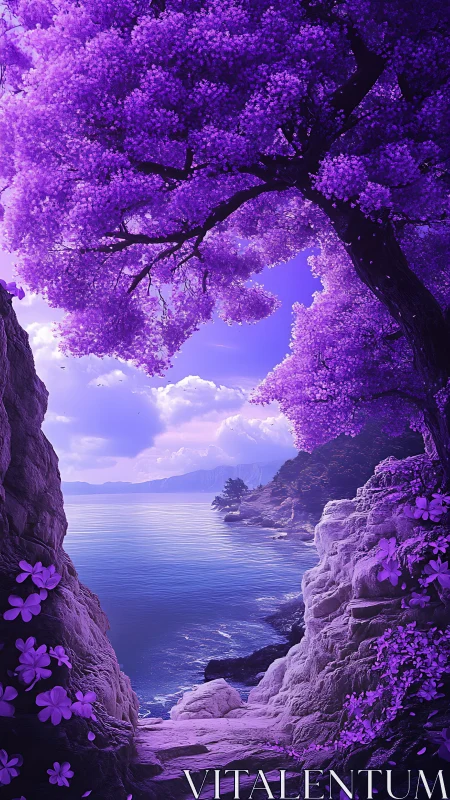 Purple coastal trees frame calm bay under soft clouds
