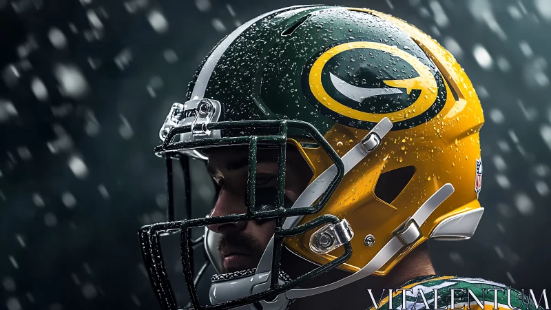 Green and gold football helmet gleams under falling snow.