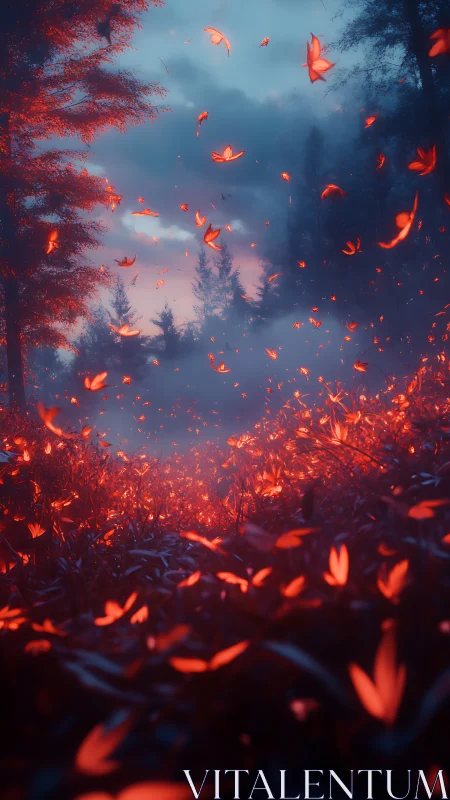 Glowing butterflies drift softly through a misty twilight forest
