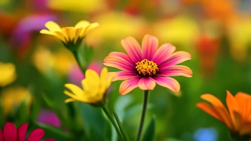 Zinnia flower with pink-magenta petals and golden center, shallow depth of field.