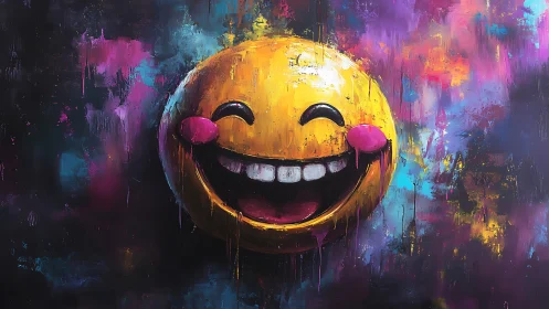 Smiling yellow emoji rendered on textured abstract background
