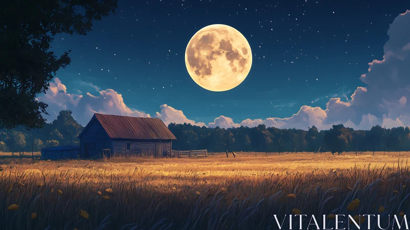 Harvest moonrise over quiet farmstead in glowing starlit fields.