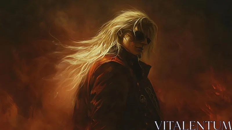 Brooding antihero in ember-lit darkness holds a silent power