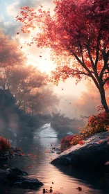 Autumn river gorge glows under soft golden sunrise light.