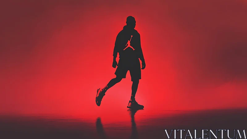 Silhouetted basketball player strides through red neon haze.