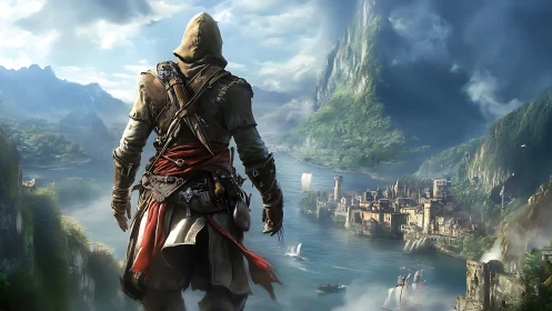 Hooded adventurer surveys vast coastal fantasy stronghold.