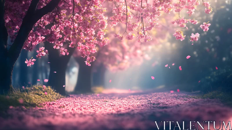 Soft spring walkway beneath drifting cherry blossoms.