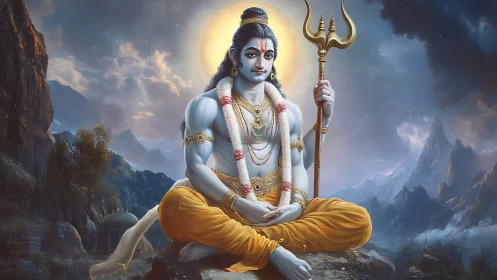 Seated blue-skinned figure holds trident in mountainous scene