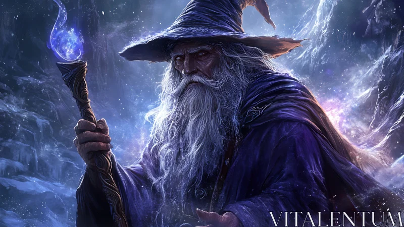 Elder robed wizard holding glowing staff in icy cavern.