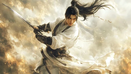 Stormwreathed swordmaster in swirling golden cloudscape.