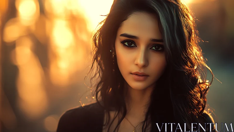 Golden hour portrait with intense gaze and soft bokeh glow.