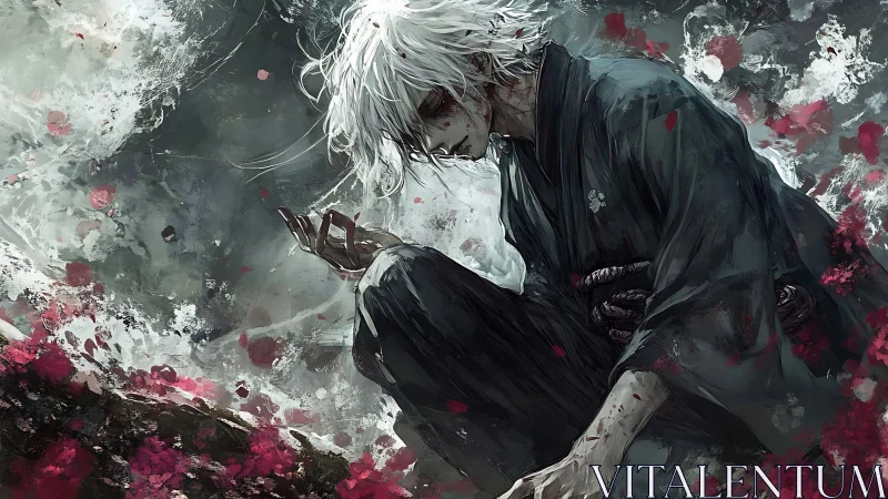 Storm-kissed warrior bows amid swirling petals and memory