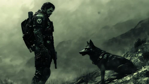 Armored recon soldier confronts tactical dog in fog-laden valley
