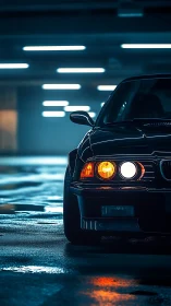 Midnight sedan waits patiently under cool city lights